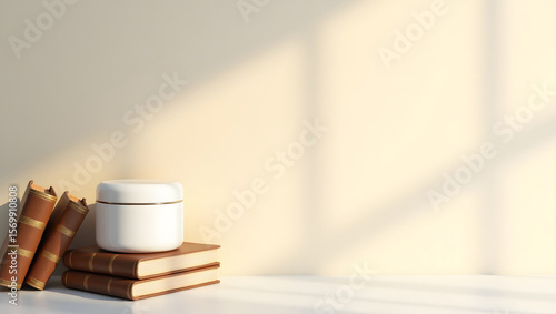 Wallpaper Mural Minimalist Skincare Jar on Vintage Books with Soft Shadow Background Torontodigital.ca