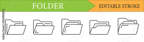 Folder Icon Set Depicting Editable Stroke Style for Digital File Organization and Data Management Solutions in Graphic Design