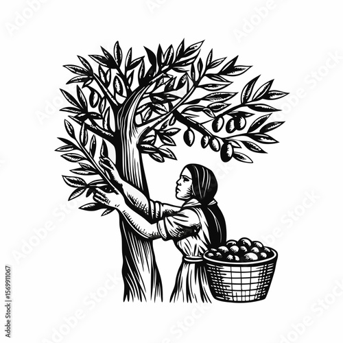 Woman harvesting olives from lush tree with ripe fruits into basket. This woman harvesting olives symbolizes agricultural tradition, reflecting connection to nature and sustenance.
