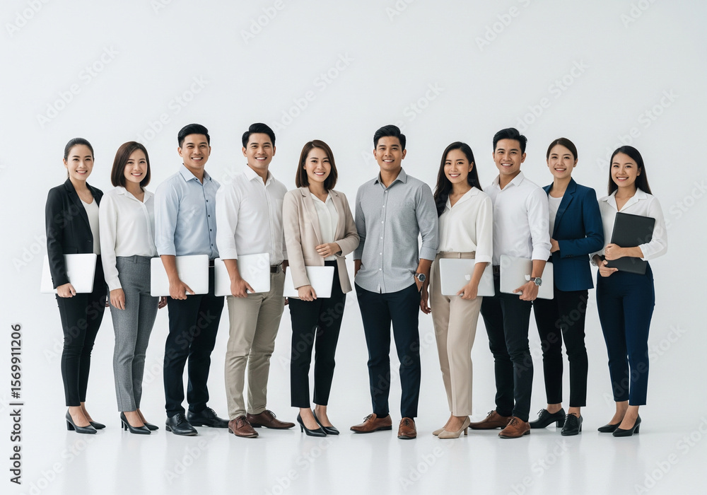 Obraz premium Confident Group of Diverse Asian Business Professionals Standing Together, Portraying Teamwork, Success, and Corporate Unity in a Formal Setting