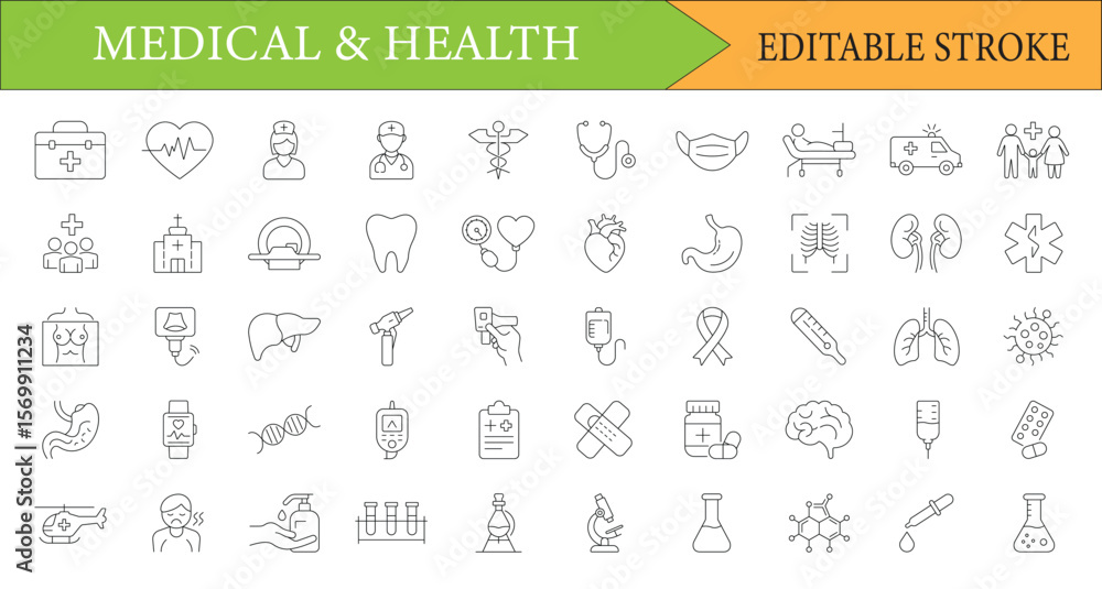 Obraz premium Medical and Health Outline Icon Set for Healthcare and Wellness Concepts with Editable Stroke Functionality for Easy Customization
