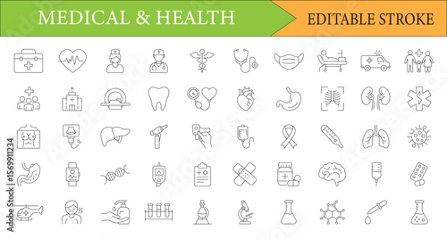 Medical and Health Outline Icon Set for Healthcare and Wellness Concepts with Editable Stroke Functionality for Easy Customization