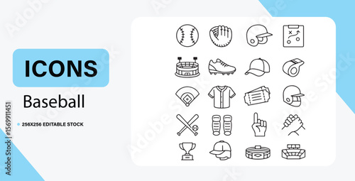 Collection of baseball icons featuring sports equipment and stadiums