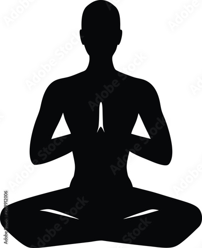 black silhouette of a yogi in prayer pose on white.eps