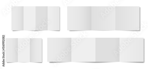 Set of white folded paper sheets. Double gate fold. Vertical pages. Blank booklet. Four panel accordion fold