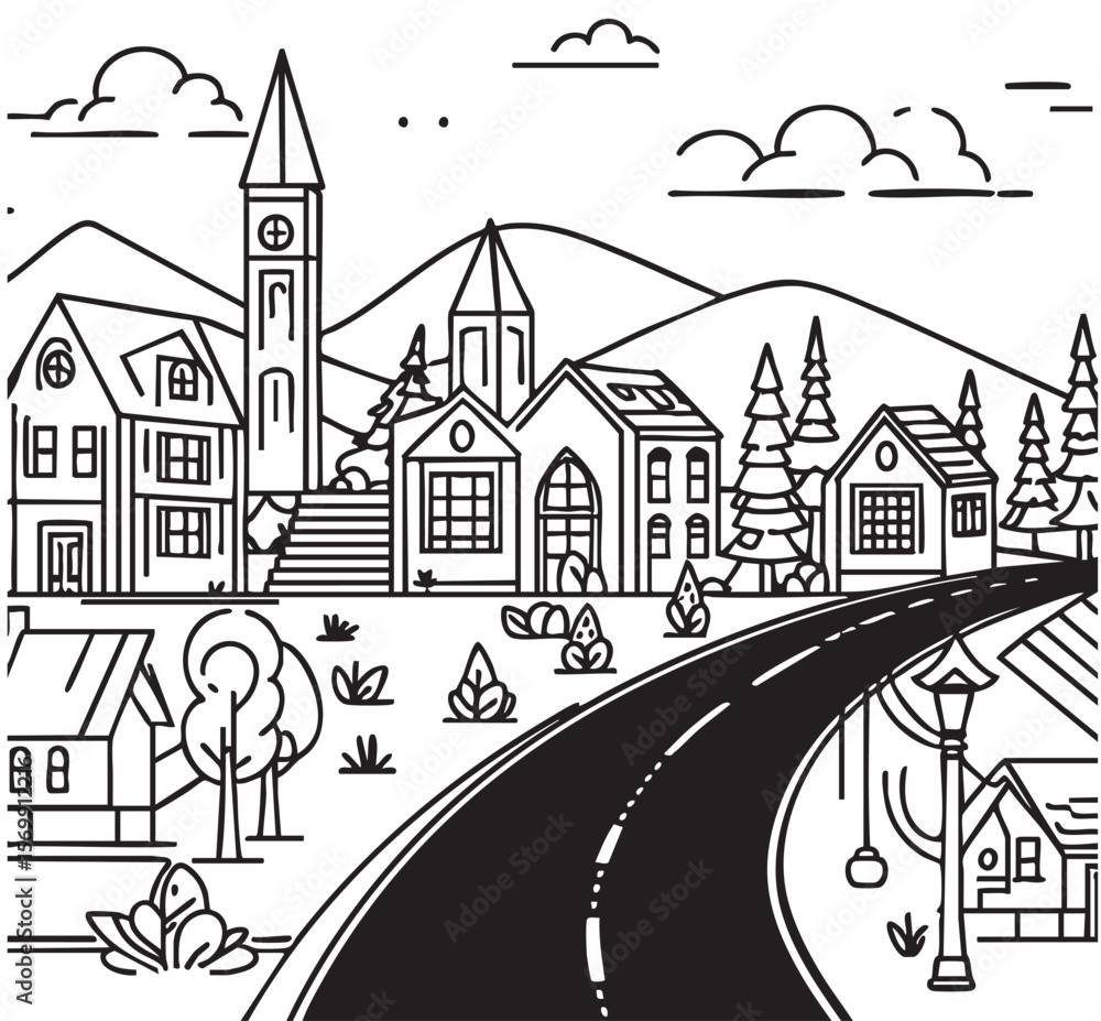 Fototapeta premium Village landscape with road and buildings, line sketch. Black and white