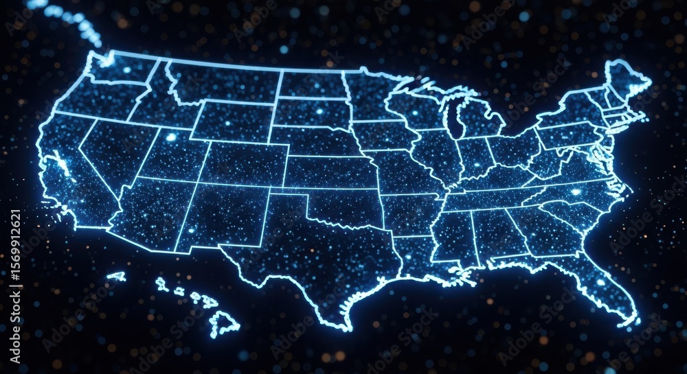Obraz premium Digital Map of the United States with Glowing Borders