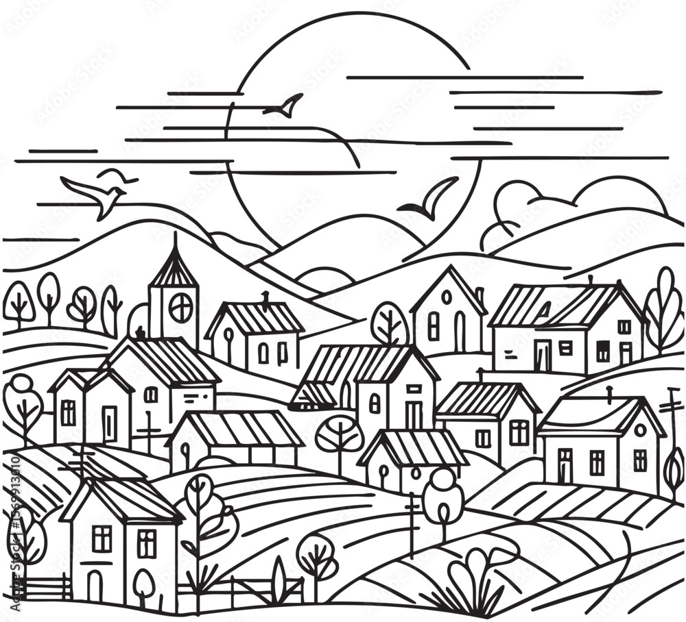 Fototapeta premium Village landscape with road and buildings, line sketch. Black and white
