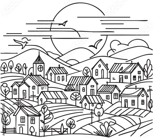 Village landscape with road and buildings, line sketch. Black and white