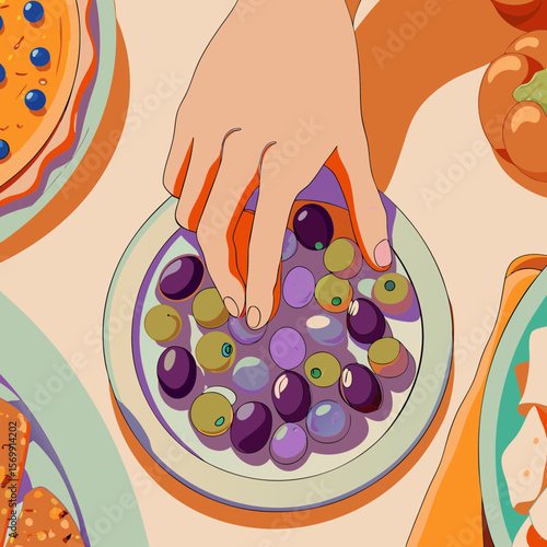Hand reaching for olives on table in restaurant setting, appetizer, olives, a snack, and other mediterranean dishes complete this hand reaching for olives illustration. Hand reaching for olives,