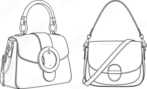 Women's Fashion Handbags CAD Drawing Flat Vector Illustration Set, Top Handle Bag and Crossbody Style with Buckle Details, Accessory Mockups, Design Templates.