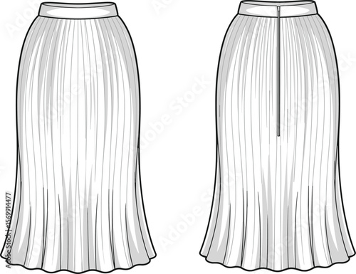 Women's Pleated Midi Skirt CAD Drawing Flat Vector Illustration, Front and Back View, A-line Silhouette, Flowy Fabric, Fashion Design Apparel Mockup.