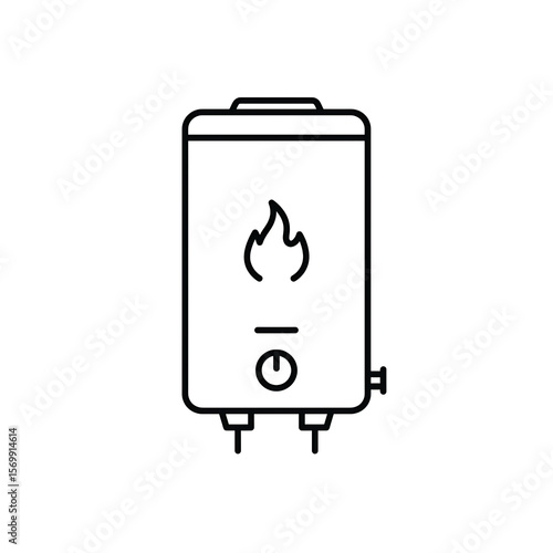 Line art icon of a water heater with a flame symbol and power button isolated on white background