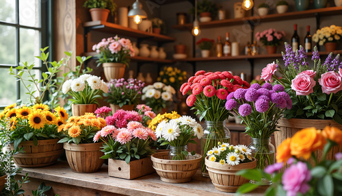 Wallpaper Mural Vibrant display of colorful seasonal flowers in rustic wooden pots, enhancing the charm of a flower shop interior, concept of beauty and nature. Torontodigital.ca