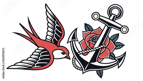 Traditional tattoo flash design of a swallow bird and an anchor with a rose illustration vector art