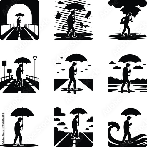 Stormy Day Pose Vector Icons – Umbrella Man Silhouette Collection Man Holding Umbrella in Storm Silhouette Set – Rainy Weather Icons