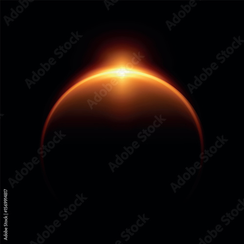 Sunrise horizon, solar or moon eclipse with blur spark effect, vector orange glowing round aura, globe dark silhouette