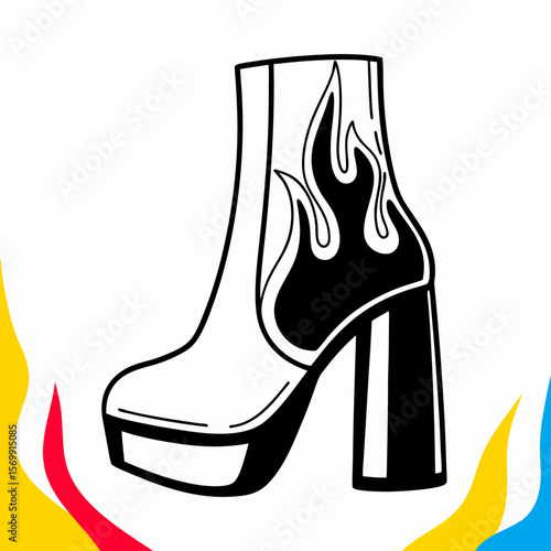Black and White Platform Boots with Flame Design