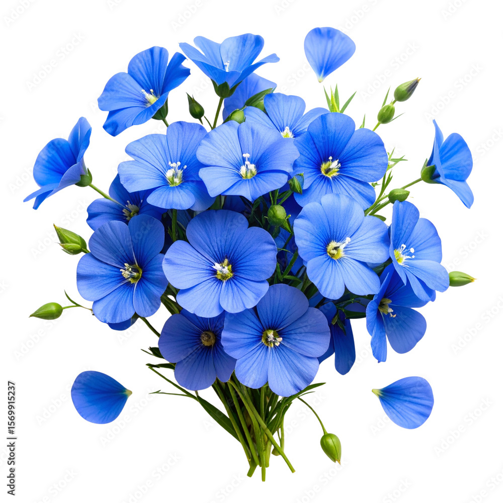 Fototapeta premium Top View Flat Lay of Flax Flower Bouquet with Scattered Petals and Green Leaves, Isolated on White Background