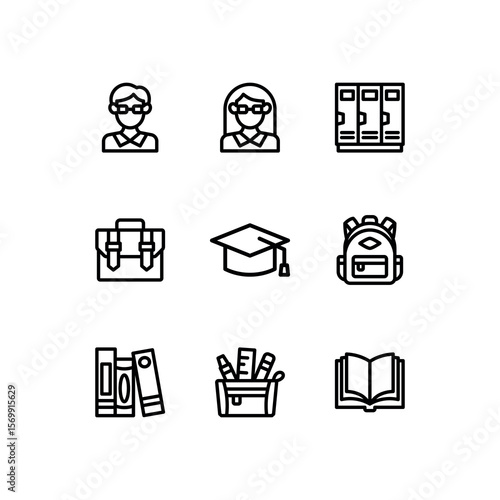 School line icon set. Education vector icons. Includes teacher, lockers, backpack and book symbols. Perfect for infographics, web, and apps.