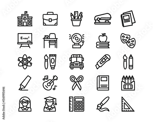 School line icon set. Education vector icons. Includes supplies, subjects, teacher and student symbols. Perfect for infographics, web, and apps.