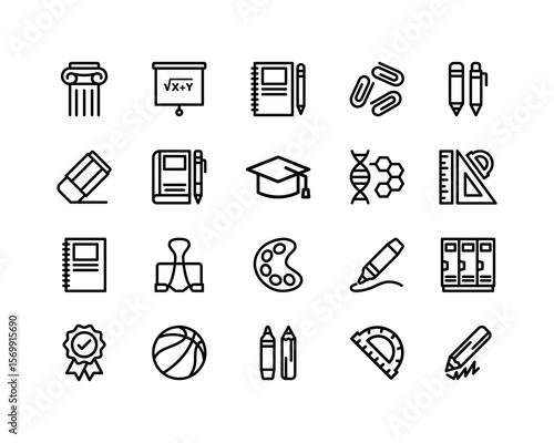 School and education vector icons collection. Thin line style, editable strokes. Includes learning tools, classroom elements, and digital education symbols.