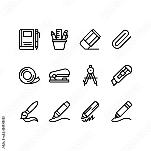 School Supplies line icon set. Education vector icons. Includes pencil, paper cutter, stapler and tools symbols. Perfect for infographics, web, and apps.
