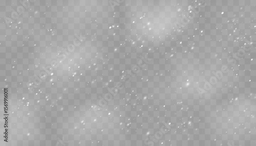 Realistic falling snow with white flakes in the air. Snowy texture on transparent background for creating winter mood, overlays, or festive effects.