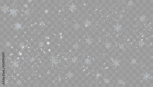 White snowflakes falling on transparent background. Light winter snowfall with multiple shapes and forms. Frosty air overlay for Christmas, winter holidays, or seasonal design.