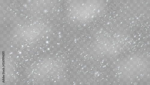 Realistic falling snow with white flakes in the air. Snowy texture on transparent background for creating winter mood, overlays, or festive effects.