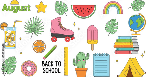 August back to school summer vacation elements vector illustration graphic design for print and web use