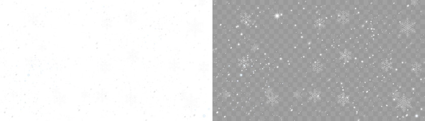 White snowflakes falling on transparent background. Light winter snowfall with multiple shapes and forms. Frosty air overlay for Christmas, winter holidays, or seasonal design.