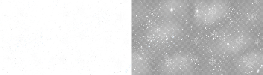 Winter snowfall texture with realistic white snowflakes on transparent background. Use as overlay for New Year cards, holiday posters, or frosty scenes.