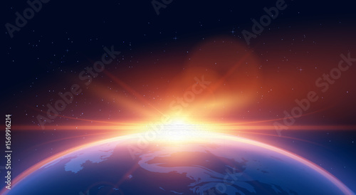Sunrise horizon on planet Earth, solar or moon blur spark effect, glowing round beams realistic vector illustration