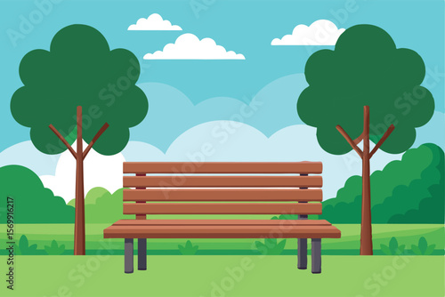 Lonely Wooden Bench in Outdoor Nature Park Vector