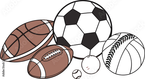Sports Equipment. Sports shop logo. Group of balls the team games isolated on white background. A realistic vector-style illustration of various sports balls and equipment grouped together on a white 