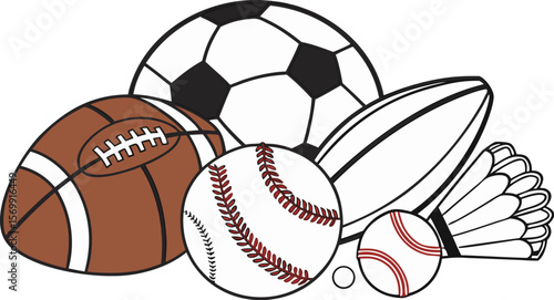 Sports Equipment. Sports shop logo. Group of balls the team games isolated on white background. A realistic vector-style illustration of various sports balls and equipment grouped together on a white 