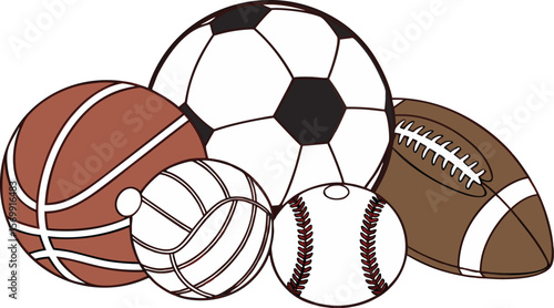 Sports Equipment. Sports shop logo. Group of balls the team games isolated on white background. A realistic vector-style illustration of various sports balls and equipment grouped together on a white 