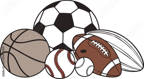 Sports Equipment. Sports shop logo. Group of balls the team games isolated on white background. A realistic vector-style illustration of various sports balls and equipment grouped together on a white 
