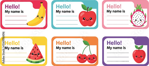 Printable fruit name tags for kids, cute hello my name is labels, classroom name tags, school supplies