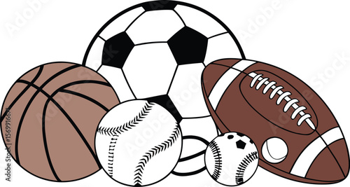 Sports Equipment. Sports shop logo. Group of balls the team games isolated on white background. A realistic vector-style illustration of various sports balls and equipment grouped together on a white 