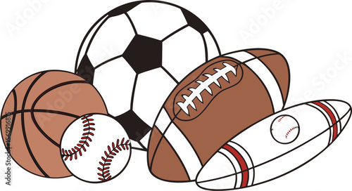 Sports Equipment. Sports shop logo. Group of balls the team games isolated on white background. A realistic vector-style illustration of various sports balls and equipment grouped together on a white 