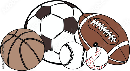 Sports Equipment. Sports shop logo. Group of balls the team games isolated on white background. A realistic vector-style illustration of various sports balls and equipment grouped together on a white 