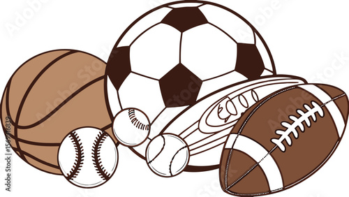 Sports Equipment. Sports shop logo. Group of balls the team games isolated on white background. A realistic vector-style illustration of various sports balls and equipment grouped together on a white 
