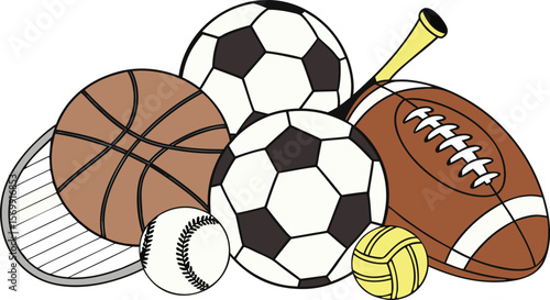 Sports Equipment. Sports shop logo. Group of balls the team games isolated on white background. A realistic vector-style illustration of various sports balls and equipment grouped together on a white 