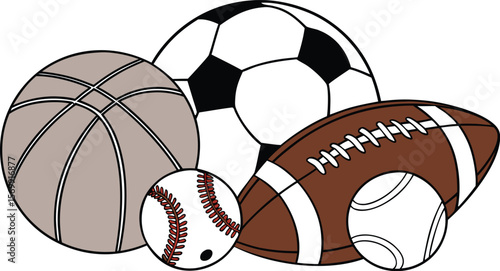 Sports Equipment. Sports shop logo. Group of balls the team games isolated on white background. A realistic vector-style illustration of various sports balls and equipment grouped together on a white 