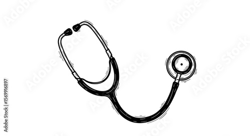 Doctor’s stethoscope medical tool for listening to heartbeat - vintage sketch  illustration hand drawn doodle black outline vector on a white background
