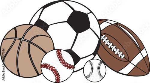 Sports Equipment. Sports shop logo. Group of balls the team games isolated on white background. A realistic vector-style illustration of various sports balls and equipment grouped together on a white 