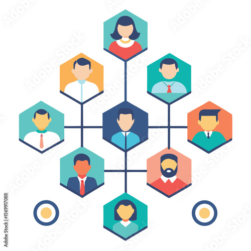 A network of diverse professionals representing collaboration and business connections in a simplified flat design