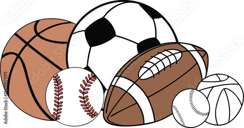 Sports Equipment. Sports shop logo. Group of balls the team games isolated on white background. A realistic vector-style illustration of various sports balls and equipment grouped together on a white 